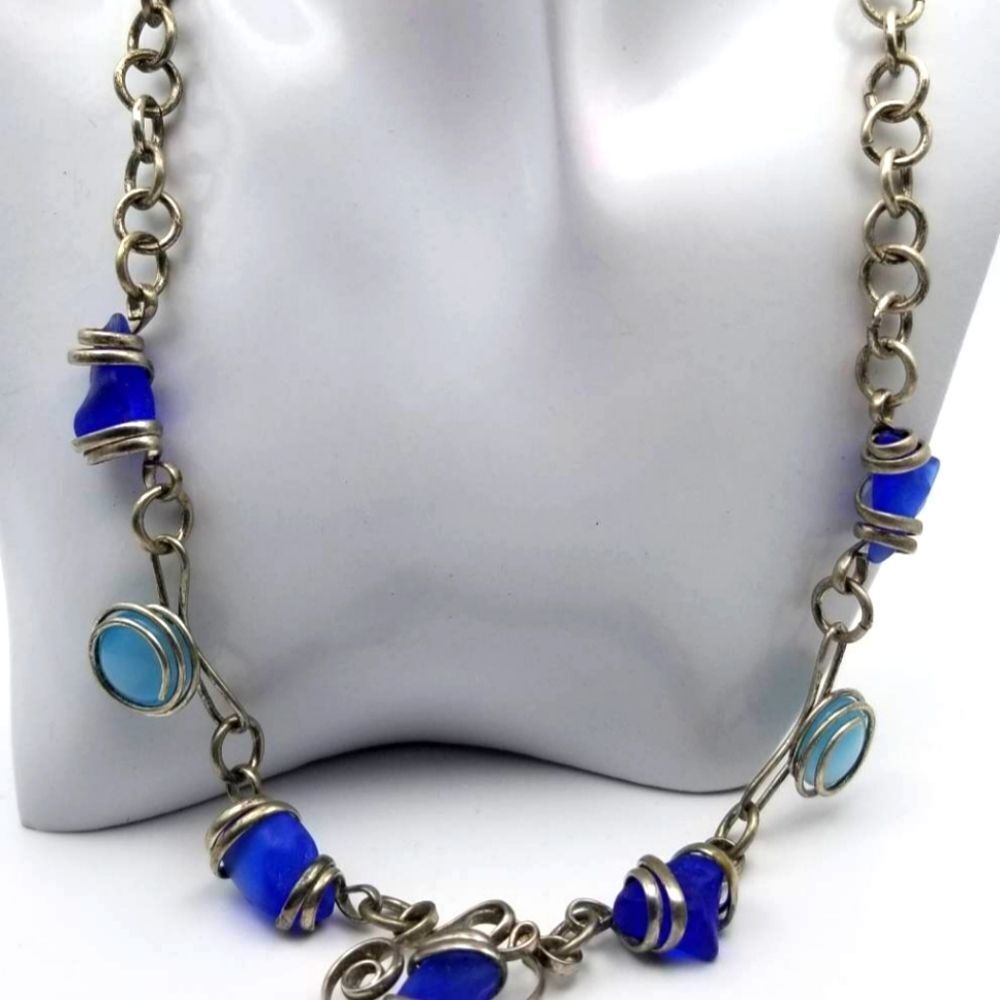 Ocean waves cerulean shard‎ gems sterling silver swirl necklace